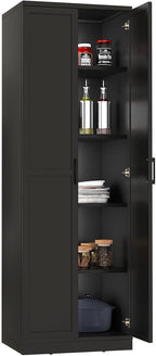 TANGZON Tall Kitchen Cupboard, 5-Tier Storage Cabinet with 2 Adjustable Shelves, Doors & Anti-tipping Device, Freestanding Wooden Tall Sideboard Unit for Pantry Dining Living Room (Black)