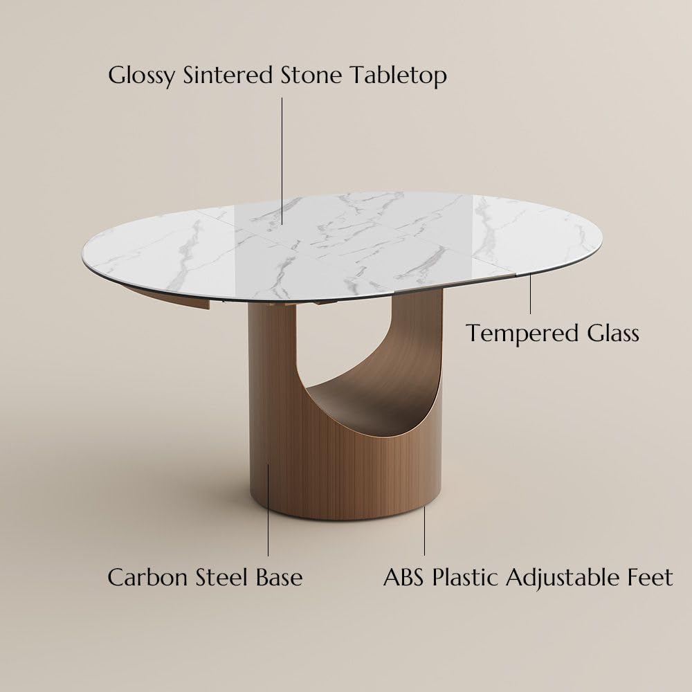POVISON Modern Extendable Dining Table for 4-6, 47" to 63" Round to Oval Sintered Stone Kitchen Table with Carbon Steel Base, Mid-Century Dinner Tables for Dining Room, Glossy White（Table Only）