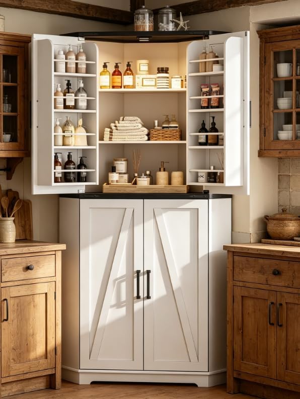Dripex 71" White Corner Pantry Cabinet, Farmhouse Tall Storage Cabinet with Doors, Adjustable Shelves & LED Light, Kitchen Food Cabinet for Living/Dining Room