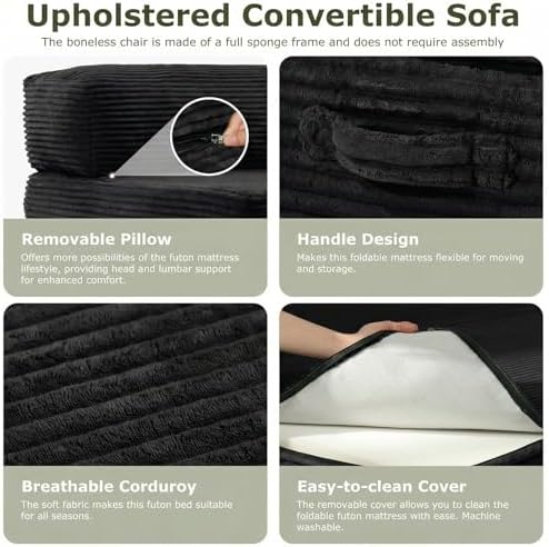 5-in-1 Convertible Sofa Bed, Couch Loveseat with Removable Cushions & Washable Cover, Futon Sofa Bed with Handle, Pull Out Couch for Small Spaces, Queen Size, Black