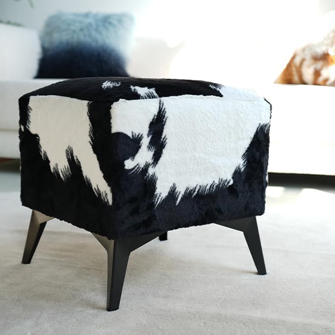 Faux Cowhide Ottoman, Upholstered Foot Stool,Animal Print Ottoman - 16 x 16 x 17 Inches, Cube Footrest with Solid Metal Legs for Living Room, Bedroom & Entryway(Black & White)