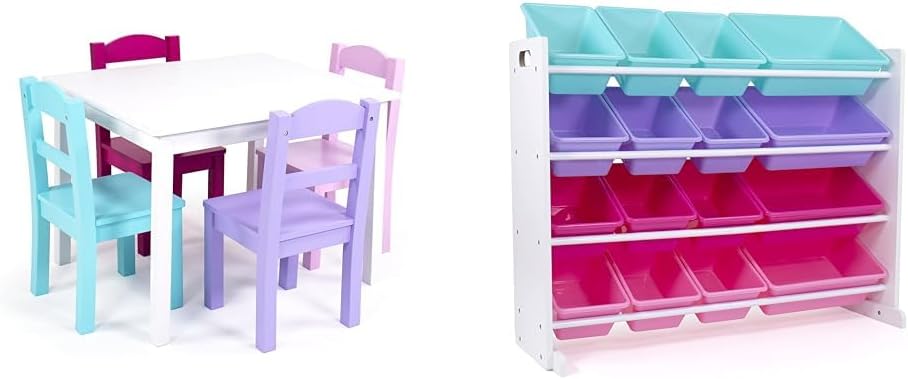 Humble Crew Tot Tutors Wood Table & 4 Chairs Set-White, Pink, Purple Forever Collection & White/Blue/Pink/Purple Extra-Large Toy Organizer, 16 Storage Bins