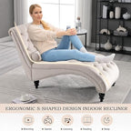 SLEERWAY Chaise Lounge Chair Indoor, Modern Velvet Upholstered Sofa with Solid Wooden Leg and Lumbar Pillow, Button Tufted Sleeper Chaise Lounge Chairs for Bedroom Living Room Office, Beige