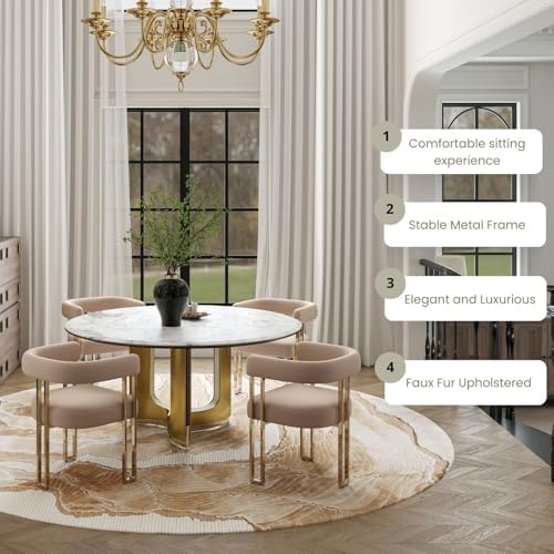 Khaki Velvet Barrel Dining Chairs Set of 2, Modern Upholstered Dining Room Chairs with Gold Metal Legs&Armrest, Boucle Dining Chair Kitchen Chair for Restaurant Banquet