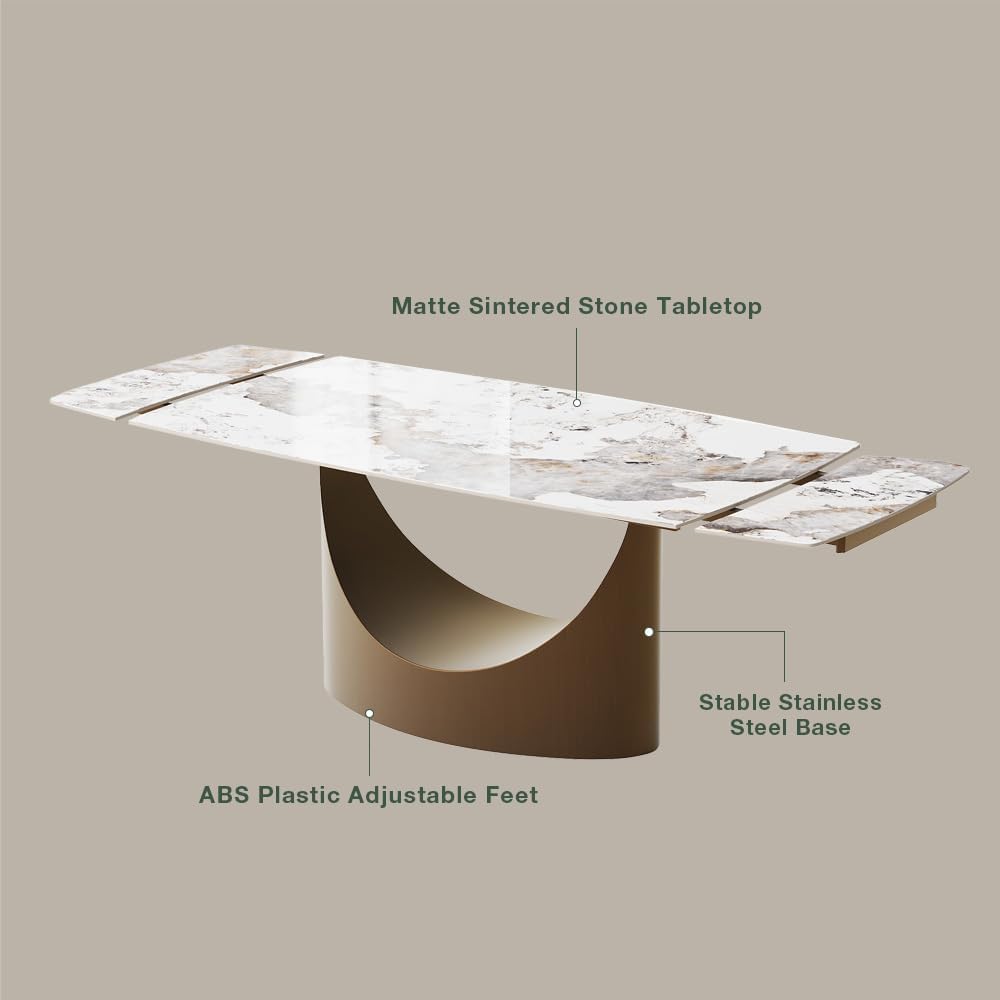 POVISON Extendable Dining Room Table 6-8, 71-95" Expandable Modern Dining Table for 6-10, Rectangular Glossy Pandora Sintered Stone Tabletop for Dining Room, Bronze Base (Dining Table Only)