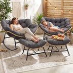 NICESOUL Outdoor Rocking Papasan Chair Set of 2 with Cushions, Comfy Oversized Padded Rockers, 2 Person Wicker Egg Gliders, 450Lbs Wide Recliner Lounge for Bedroom, Living Room, Porch, Balcony, Grey