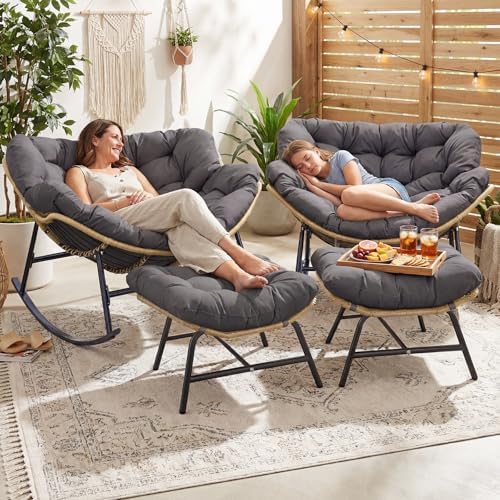 NICESOUL Outdoor Rocking Papasan Chair Set of 2 with Cushions, Comfy Oversized Padded Rockers, 2 Person Wicker Egg Gliders, 450Lbs Wide Recliner Lounge for Bedroom, Living Room, Porch, Balcony, Grey