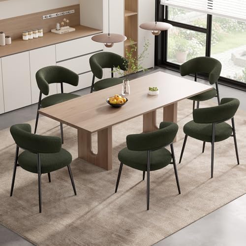 Dining Chairs Set of 4, Mid Century Modern Kitchen Chairs, Boucle Upholstered Dining Chair with Curved Backrest & Metal Legs for Kitchen Dining Room, Green