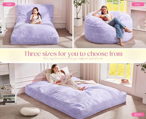 Hobestluk Bean Bag Chair Convertible 3 in 1 Beanbag Washable Giant Adult | Large,Memory Foam Filling,Lounge,Plush Faux Fur,Bean Bag Bed ,Removable Cover,Living Room Bedroom Dorm,Sleeping,Full,Purple