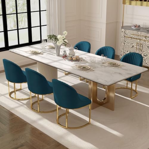 Velvet Dining Chairs Set of 4, Modern Dinning Room Chairs with Golden Metal Frame & Legs, Upholstered Kitchen Chair Armless Accent Side Chairs for Living Room/Kitchen/Dining Room, Teal Blue