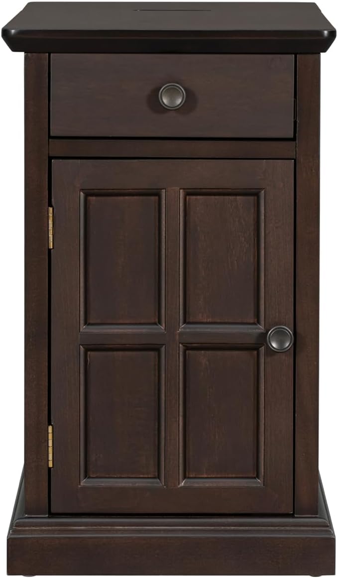 Traditional Narrow End Table with Charging Station, Antique Espresso Wood Side Table with Drawer Storage, No Assembly, for Living Room, Bedroom, or Office