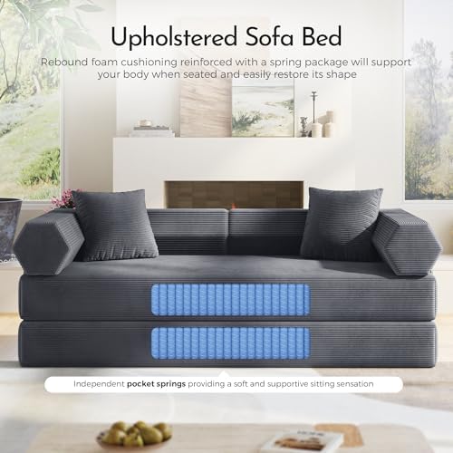 79" Convertible Futon Sofa Bed, Couch for Living Room | Dark Gray | Modular Sleeper Sofa, Corduroy Pull Out Floor Couch Loveseat with Fixed-Shape Frame, No Assembly