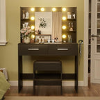 YESHOMY Vanity Desk with Mirror, Makeup Table, Pure Black | 2 Large Drawers, Power Outlet and Round Holder, 3 Color Modes Adjustable Bulb, Bench Included