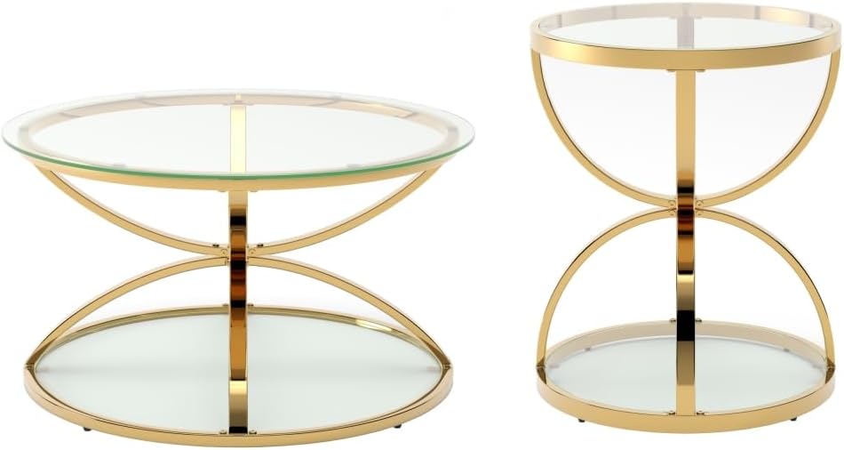 Round Coffee Table Set of 2, Gold Metal Frame with Clear Tempered Glass | Ring-Shaped Frames with Two Clear Glass Tiers for Living Room, Bedroom, or Office