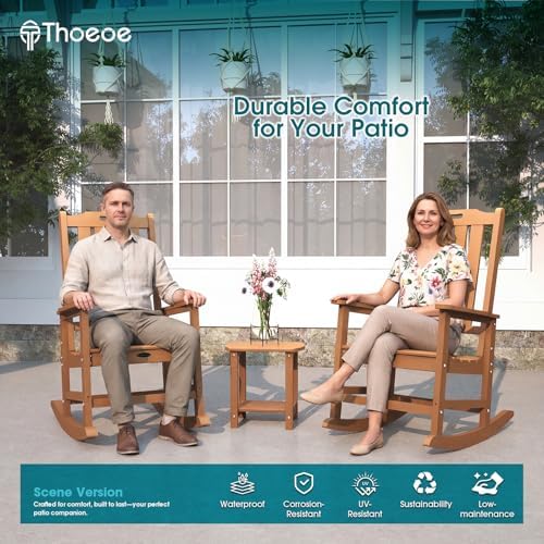 THOEOE Outdoor Rocking Chairs Set of 2, Oversized Patio Rocking Chair | HDPE Outdoor Rockers for Front Porch, Patio, Backyard, Balcony and Garden. All-Weather High Back Design, Wood