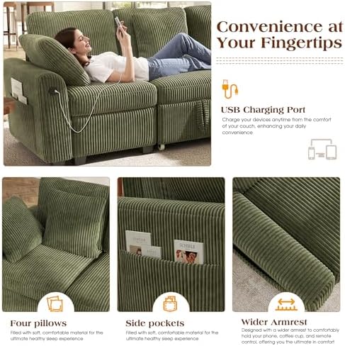 Ihanherry 7-Seater Large Sectional Sofa Bed with Storage Ottoman & Lovescat, Corduroy Modular Sleeper Sofa Set with USB Port & 4 Pillows, 106" U-Shaped Convertible Couch for Living Room（Green）