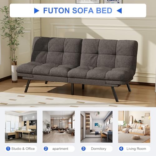 Vipbear 71" Futon Sofa Bed - Convertible Sofa Beds/Adjustable Backrest & Armrest,Detachable Cushion, Loveseat Sleeper for Small Spaces, Apartments & Offices, Grey Futons
