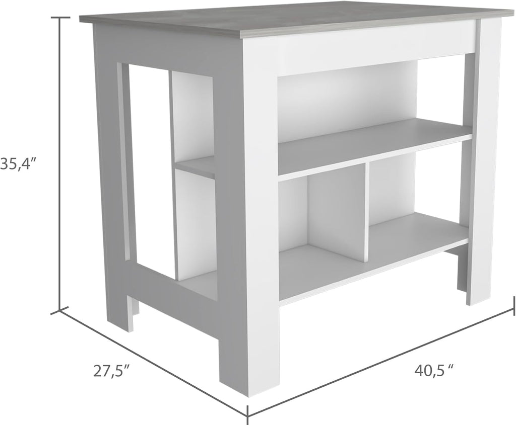 Kitchen Island with Four Legs and Three Shelves - White/Ibiza Marble | Three shelves and four legs provide ample storage and stability
