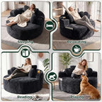 56''Oversized Round Chair Lounge Chaise Indoor with Cup Holders & Side Pocket, Corduroy Cloud Circle Single Deep Seat Chair, Modern Comfy Floor Sofa with Heart Pillows for Living Room,Bedroom