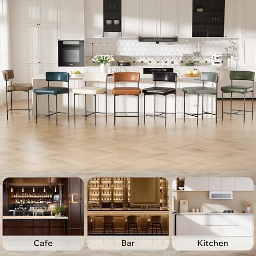 Bar Stools Set of 2, Faux Leather Counter Height Barstools with Curved Back, 25 Inch Upholstered Bar Chairs, Modern Counter Stools for Kitchen lsland, Grey