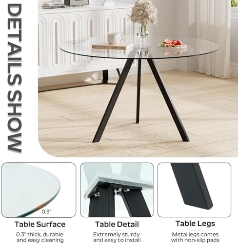 5-Piece 39" Round Glass Dining Table Set with 4 Velvet Upholstered Chairs, Dining Chairs with Solid Wood Legs, Modern Kitchen Table with Triangular Metal Base for Dining Room(Black)