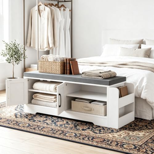 Farmhouse Shoe Storage Bench with 3-in-1 Entryway Storage & Padded Seat | 39.6" Wide Entryway Bench with Adjustable Shelves, Shoe Organizer & Side Storage Rack for Living Room, Bedroom, White