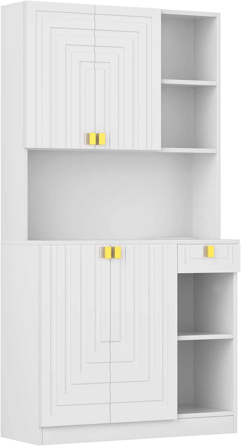 White Kitchen Pantry Cabinet, 71" Hutch Cabinet with Countertop & Power Outlet & Adjustable Shelves, High Gloss Wood Buffet Cabinet with Microwave Stand for Living Room, Dinning Room
