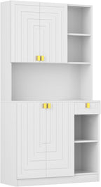 White Kitchen Pantry Cabinet, 71" Hutch Cabinet with Countertop & Power Outlet & Adjustable Shelves, High Gloss Wood Buffet Cabinet with Microwave Stand for Living Room, Dinning Room