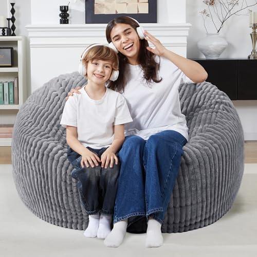 3 FT Bean Bag Chair,3' Big Bean Bag,Large Bean Bag Chairs for Adults | Comfy Beanbag Chairs with Memory Foam Filled,Soft Bean Bag Sofa with Machine Washable Dutch Corded Plush Cover-Dark Grey