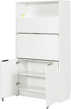 Pantry Cabinet with Hutch and Foldable Workstation, Multifunctional Wood Cupboard with Adjustable Shelf and Power Outlet for Dining, Living Room (White)
