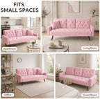 Anwick Modern Velvet 2 in 1 Futon Sofa Bed,Convertible Folding Sleeper Bed Couches with 2 Pillows,73" Tufted Recliner Love Seat with Golden Chrome Legs for Living Room Apartment Office (Pink)