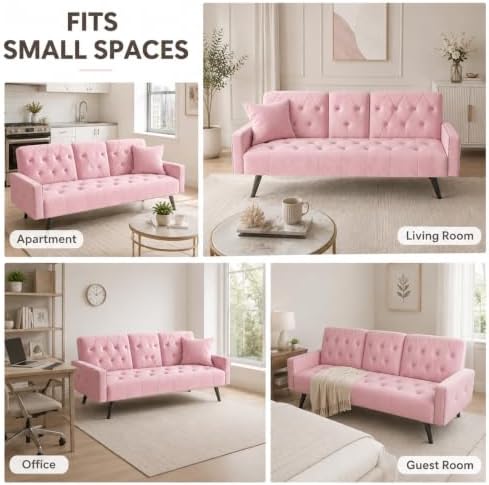 Anwick Modern Velvet 2 in 1 Futon Sofa Bed,Convertible Folding Sleeper Bed Couches with 2 Pillows,73" Tufted Recliner Love Seat with Golden Chrome Legs for Living Room Apartment Office (Pink)