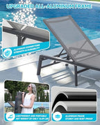 Chaise Lounge Outdoor, Aluminum Outdoor Chaise Lounge Set of 2 Assemble-Free, Patio Lounger Poolside Lay Flat Sunbathing Adjustable Backrest Pool Lounge Chair