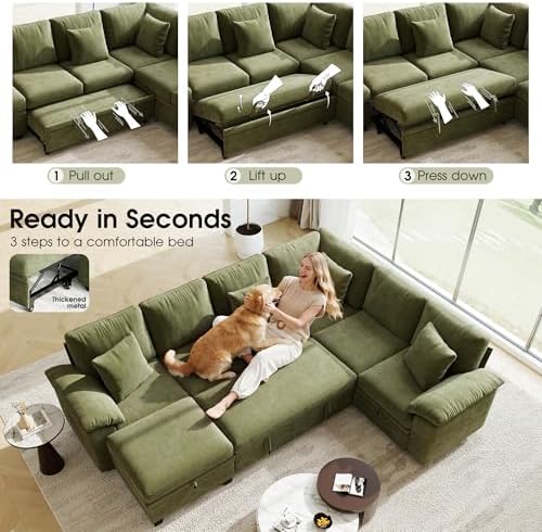 107.8" Modular Sectional Sleeper Sofa with Pull Out Bed, U Shaped 7 Seat Couch with 221L Storage, Convertible Cloud Couch Bed with Ottoman, Sectional Couches for Living Room, Apartment (Green)