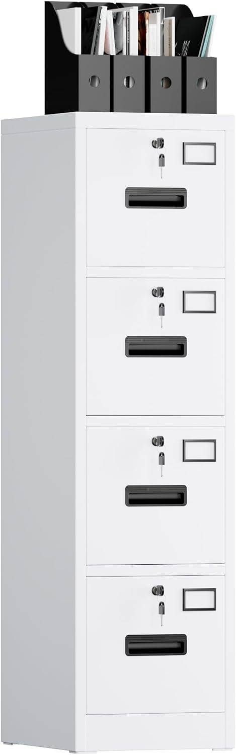 Garvee 4-Drawer White Metal File Cabinet with Individual Locks, Heavy-Duty Steel Vertical Filing Cabinet for A4, Letter & Legal Size Documents, Locking Storage Cabinet for Home Office & School