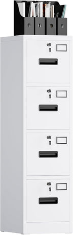 Garvee 4-Drawer White Metal File Cabinet with Individual Locks, Heavy-Duty Steel Vertical Filing Cabinet for A4, Letter & Legal Size Documents, Locking Storage Cabinet for Home Office & School