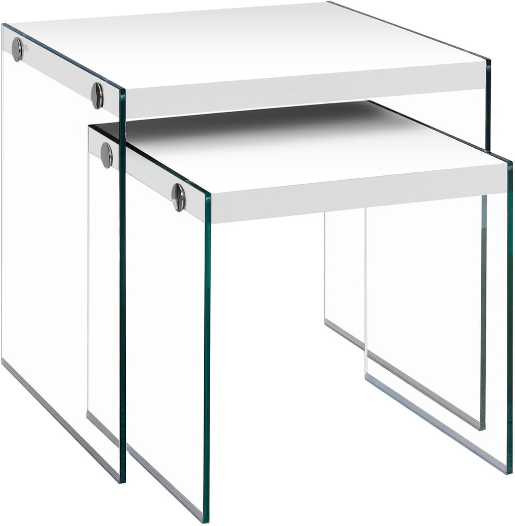 Set of 2 Nesting Tables, Glossy White Laminate with Clear Tempered | Two-piece nesting tables with thick tempered glass base and glossy white tops