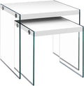 Set of 2 Nesting Tables, Glossy White Laminate with Clear Tempered | Two-piece nesting tables with thick tempered glass base and glossy white tops