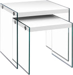 Set of 2 Nesting Tables, Glossy White Laminate with Clear Tempered | Two-piece nesting tables with thick tempered glass base and glossy white tops