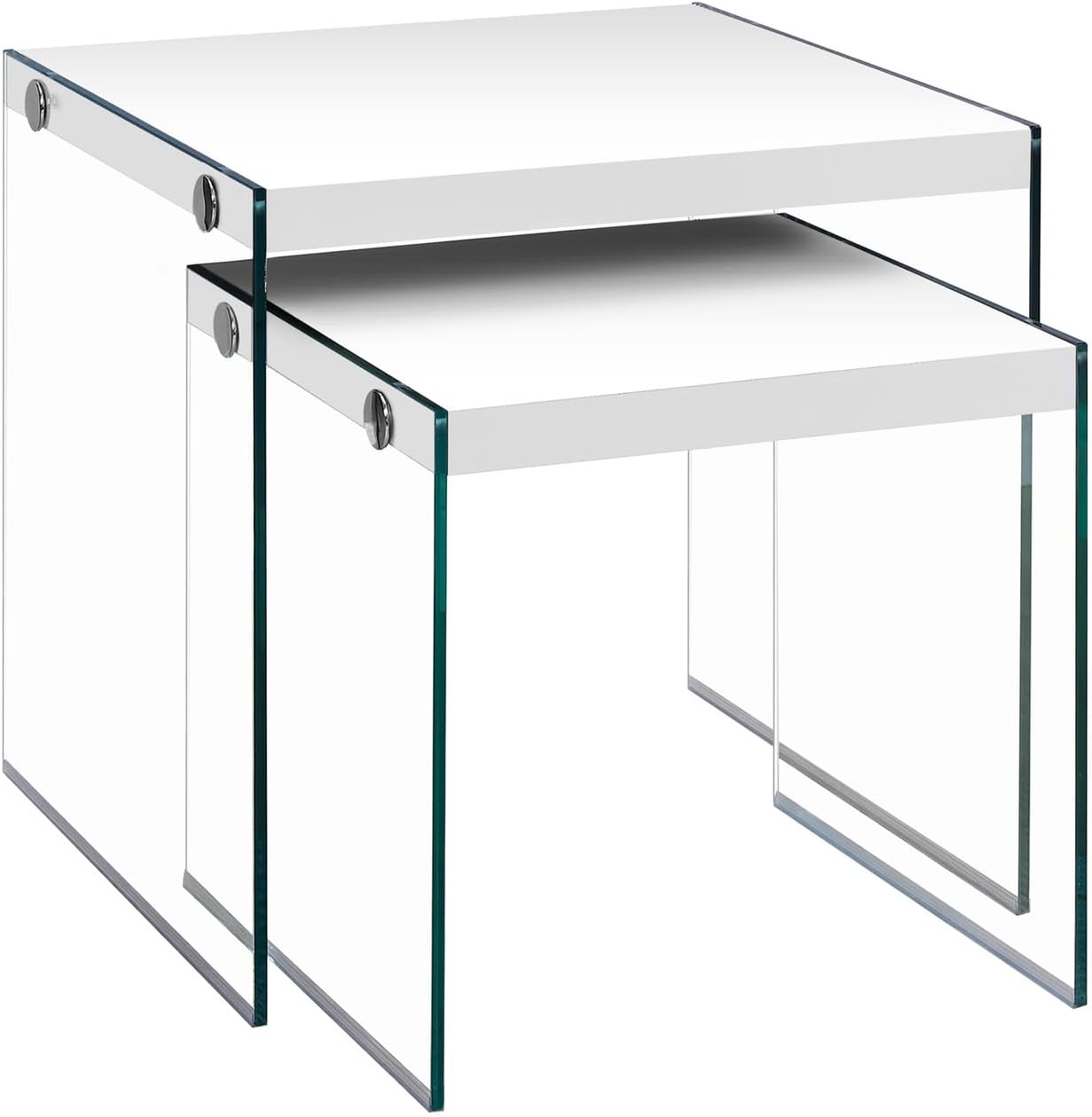 Set of 2 Nesting Tables, Glossy White Laminate with Clear Tempered | Two-piece nesting tables with thick tempered glass base and glossy white tops