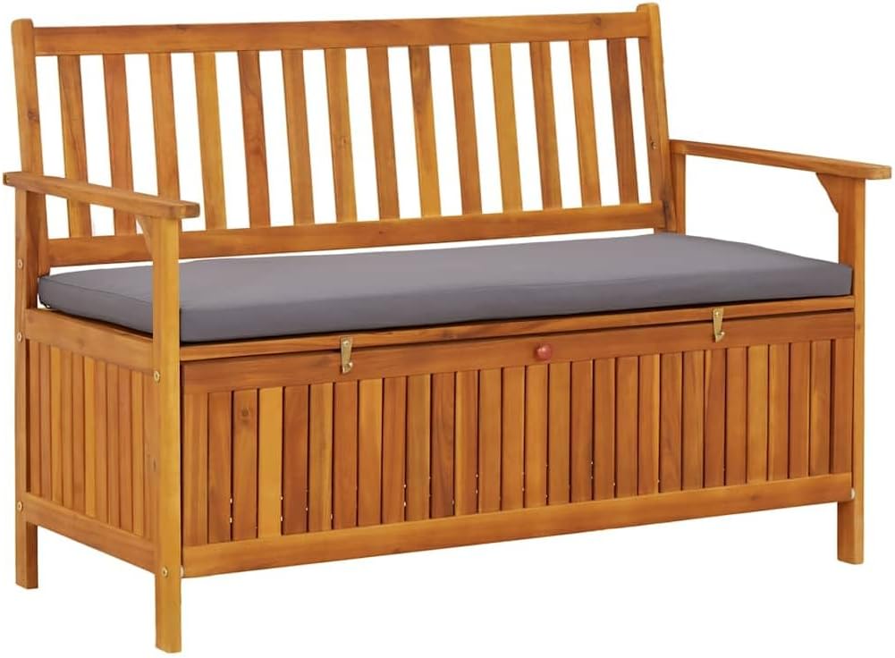 Patio Storage Bench with Cushion, 47.2 Inch Solid Acacia Wood Outdoor Garden Seating with Hidden Compartment, Gray