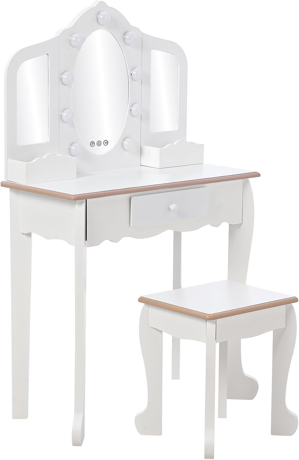 Garvee Kids Vanity with Tri-Fold Lighted Mirror, Stool, & Makeup Playset | Little Girls Vanity Table & Stool, Kids Makeup with Tri-Fold Mirror, Drawer & Storage Grid for 3-9 Yrs Girls, White
