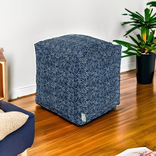 Majestic Home Goods South West Navy Cube Ottoman Pouf Foot-Rest Seat – Indoor Outdoor Bean-Bag Footstool, Small Decorative Boho Ottoman Floor Cushion, 17in Square Durable Washable Cover