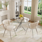 Round Glass Dining Table Set for 2, 36'' Small Minimalist Kitchen Table Set with 2 Beige Modern Upholstered Dining Chairs, 3 Piece Luxury Circle Dining Room Set, Silver Base