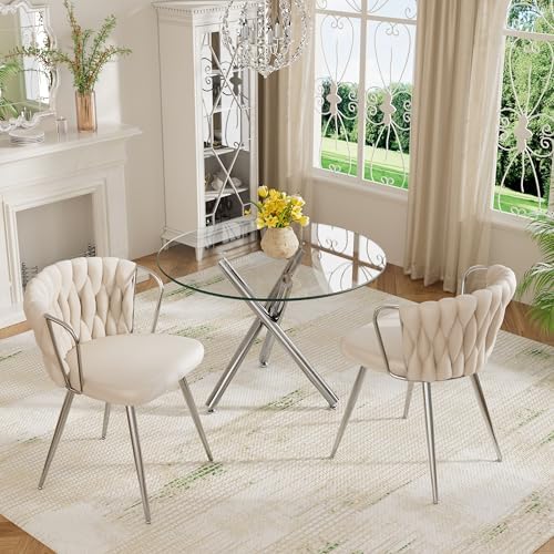 Round Glass Dining Table Set for 2, 36'' Small Minimalist Kitchen Table Set with 2 Beige Modern Upholstered Dining Chairs, 3 Piece Luxury Circle Dining Room Set, Silver Base