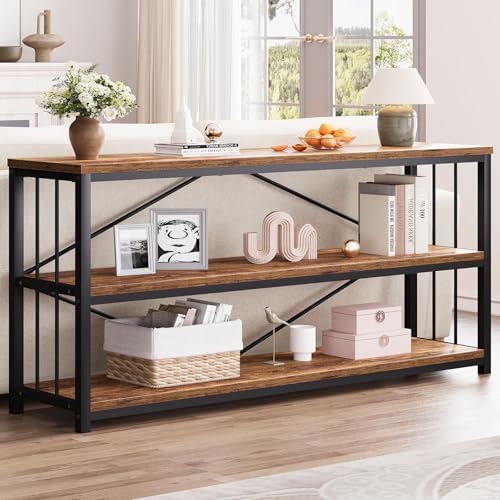 LVB Farmhouse Industrial Console Table for Home, Rustic Brown, 70 Inch | Wood Metal Foyer Entryway Sofa Tables with Storage, 3 Tier Long Rustic Entry Table TV Stand with Shelves for Living Room