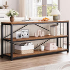 LVB Farmhouse Industrial Console Table for Home, Rustic Brown, 70 Inch | Wood Metal Foyer Entryway Sofa Tables with Storage, 3 Tier Long Rustic Entry Table TV Stand with Shelves for Living Room