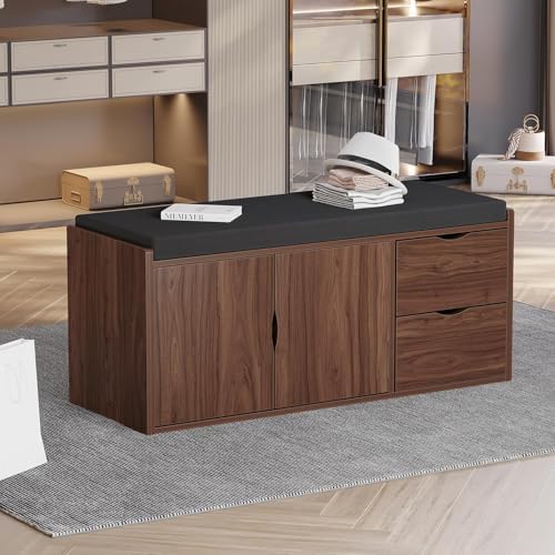 LVB 40” Entryway Bench with Padded Seat Cushion Shoe Bench with 2 Drawers | Wood Hidden Shoe Bench with 2 Drawers Cabinet, Industrial storage Bench for Foyer entrance Living Bedroom, Walnut Oak