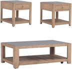 Pemberly Row 3-Piece Coffee Table Set, Rubberwood with Split Heart Cathedral White Oak Veneers, Nutmeg Finish, Includes Cocktail Table with Casters & 2 End Tables with Drawers, Tile Insert Tops for