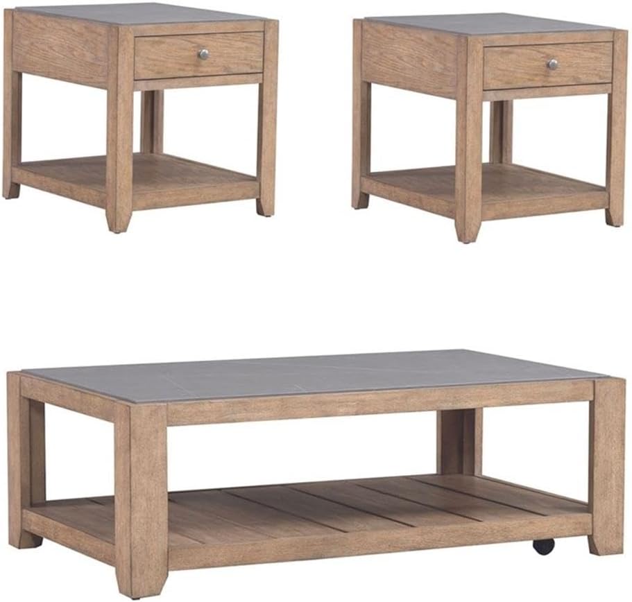 Pemberly Row 3-Piece Coffee Table Set, Rubberwood with Split Heart Cathedral White Oak Veneers, Nutmeg Finish, Includes Cocktail Table with Casters & 2 End Tables with Drawers, Tile Insert Tops for